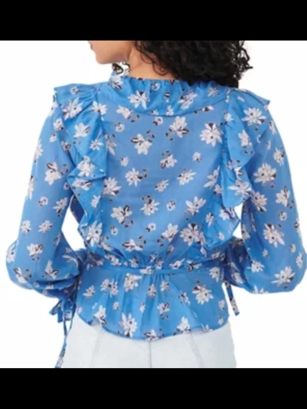 FREE PEOPLE Amanda Blue Floral Ruffle Wrap Top Cotton